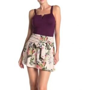 PARKER beige green pink floral smocked stretch tie waist portofino mini skirt